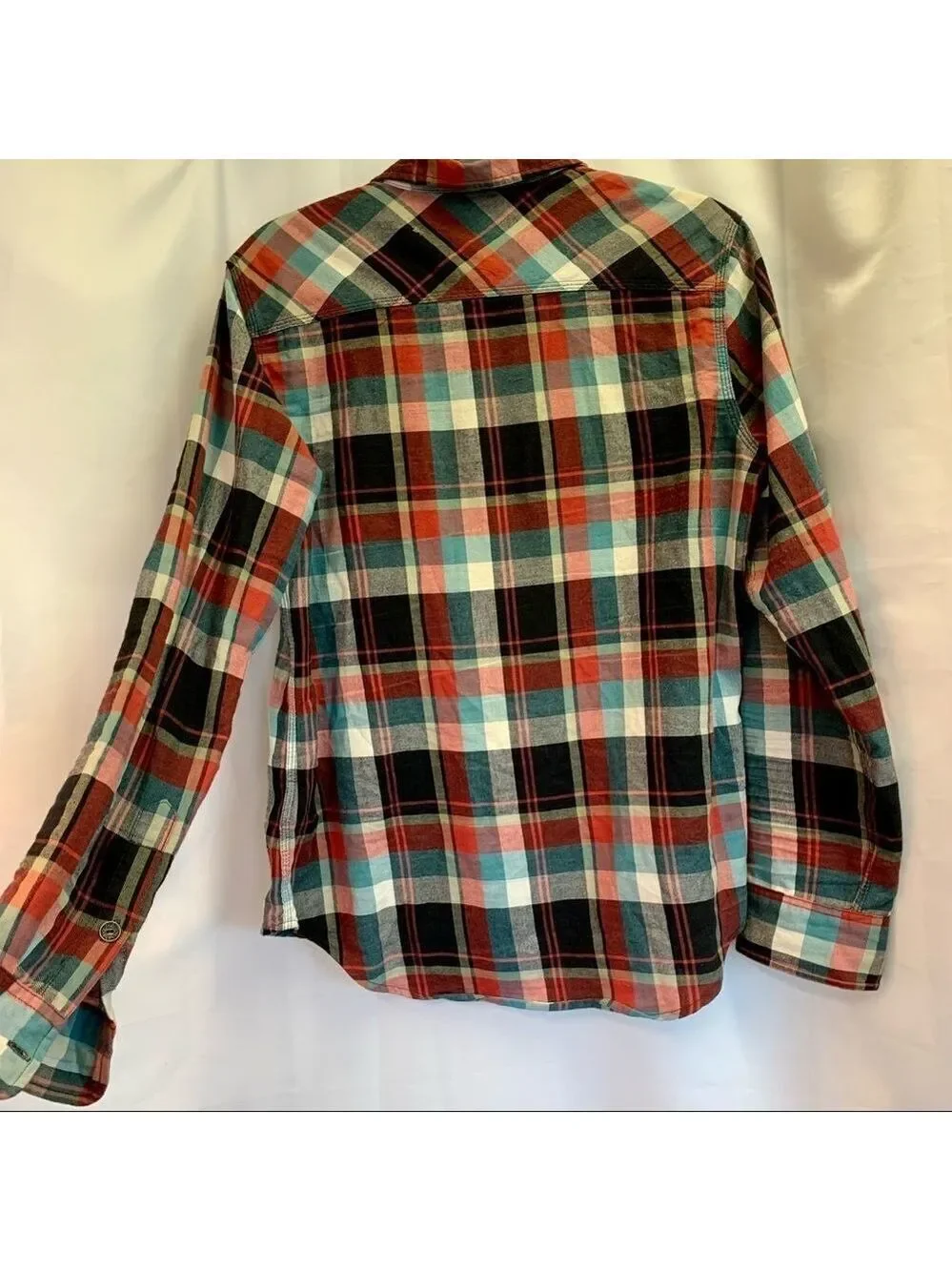 TRUE Religion red teal plaid check flannel fleece button down shirt size 8